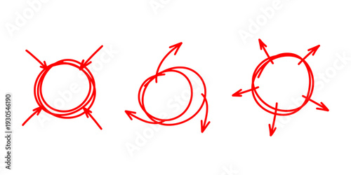 Red hand drawn scribble circles with arrows. Set of vector circular motion and focus elements. Marker sketches for infographics, highlighting, and diagrams.