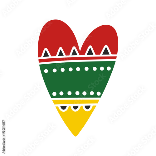African heritage Juneteenth heart illustration with traditional pan-african colors red, green, yellow and black patterns. Vector symbol of freedom and black history month. Juneteenth ethnic heart.