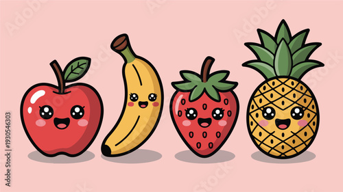 Cute cartoon fruit characters with smiling faces apple banana strawberry pineapple icons