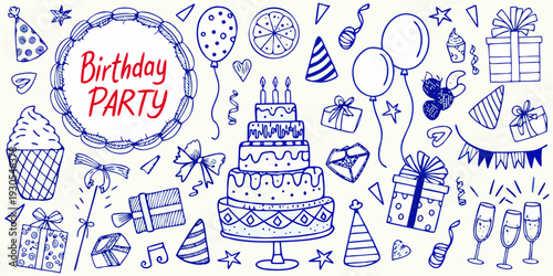 Hand drawn birthday party doodles with cakes balloons and festive elements
