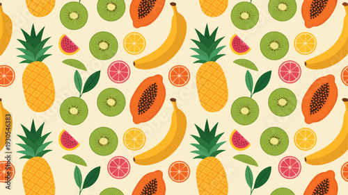 Colorful tropical fruit seamless pattern with kiwi papaya orange and pineapple elements