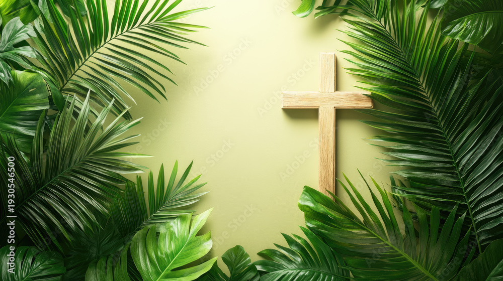 Fototapeta premium Wooden cross surrounded by vibrant green palm fronds and tropical leaves, representing Palm Sunday and Easter celebrations, a triumph of faith and new beginnings. Palm Sunday ,