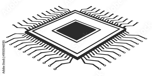 Microchip Processor Icon with Radiating Circuit Lines – Thin Stroke Vector