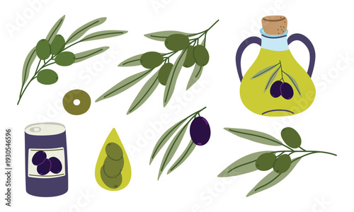 Mediterranean olive oil set with glass jug, tin can, and olive branches. Vector illustration for organic food branding, healthy recipes, and kitchen decor. Vector illustration
