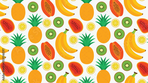 Minimalist fruit pattern background with yellow pineapples green kiwi and orange slices