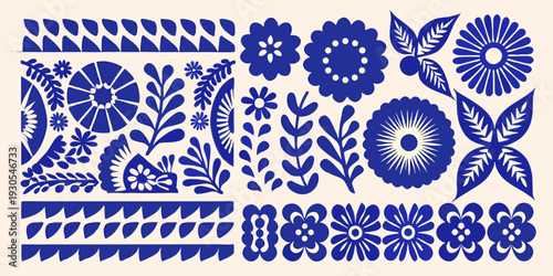 Blue and white floral and geometric folk art design elements arrangement