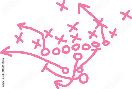 Hand drawn pink football play diagram featuring Xs and Os illustrates offensive strategy and game planning clearly.