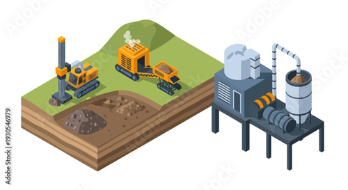 Industrial mining operation with excavators and processing plant.