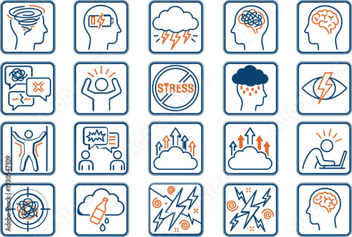 Mental health and stress management icons collection vector illustration featuring anxiety, brain activity and emotional wellbeing symbols isolated set