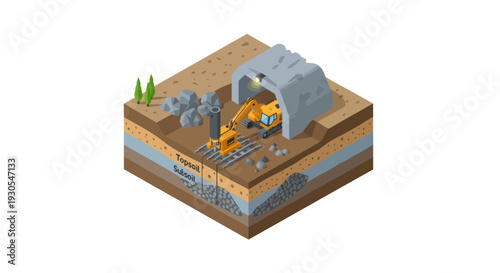 Isometric illustration of mining excavation site with machinery.