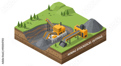 3D Isometric Illustration of Mining Stockpile Operation.