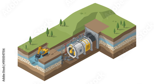 Hydroelectric Power Plant Diagram with Water Flow and Turbine.