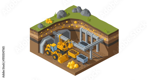 Underground mining operation with machinery and infrastructure.