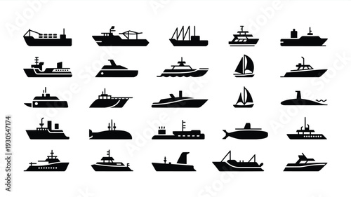 Collection of various boat and ship silhouettes in black on white background for design use