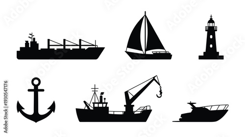 Nautical silhouette set cargo ship sailboat lighthouse anchor tugboat and yacht on white background