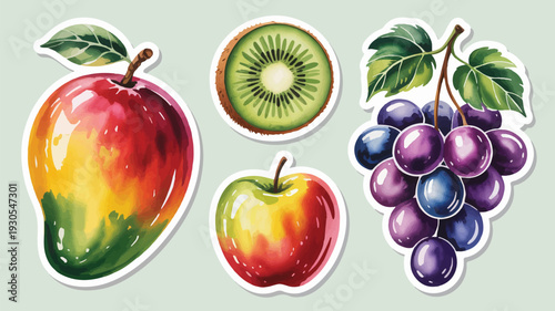 Set of fruit stickers with mango, kiwi slice, whole apple, and grape bunch