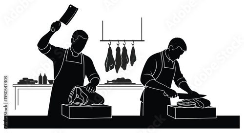 A black and white illustration depicts two butchers working one raising a cleaver presented as a silhouette high quality professional detailed