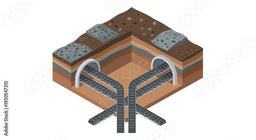 Underground railway tunnel intersection with multiple tracks.