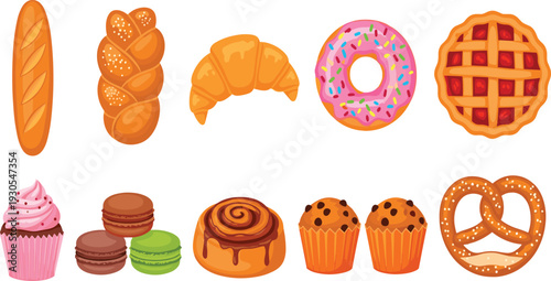 Bakery and pastry collection with bread, croissant, donut, cupcake, macarons, pretzel, pie, and muffins for dessert menu vector illustration.