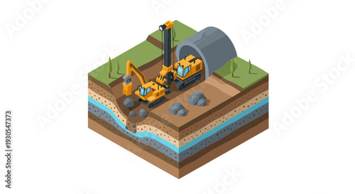 Isometric illustration of construction site with excavators and underground layers.