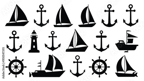 Maritime silhouettes collection anchors sailboats lighthouses and ship wheels on white background for nautical designs