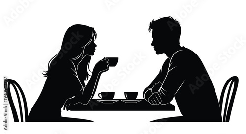 A couple shares a quiet moment over coffee poised in conversation captured as a striking silhouette high quality professional detailed modern