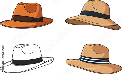 Four Different Fedora Hats in Various Colors and Styles