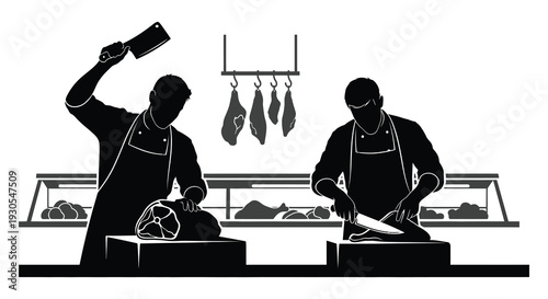 Two butchers work in a shop one raising a cleaver while the other cuts meat displayed as a silhouette high quality