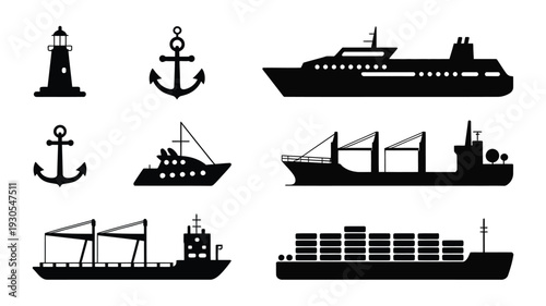 Set of sea vessel silhouettes including cargo ships cruise ship lighthouse and anchors on white background