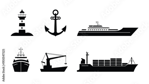 Set of nautical silhouettes including lighthouse anchor cruise ship cargo ship tanker and passenger vessel on white background for maritime and transportation concepts