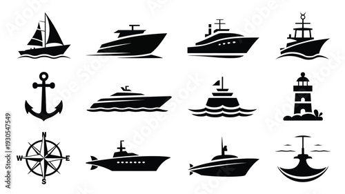 Collection of nautical icons featuring various boats ships and navigation symbols in black silhouette on white background for design and decoration