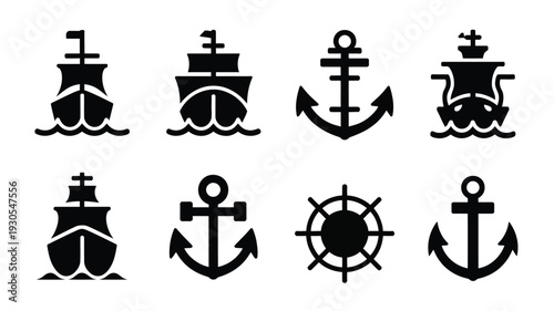 Nautical icons set including ships anchors and steering wheels in black silhouette on white background for maritime themes