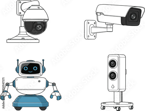 Four Different Types of Surveillance Cameras and a Robot