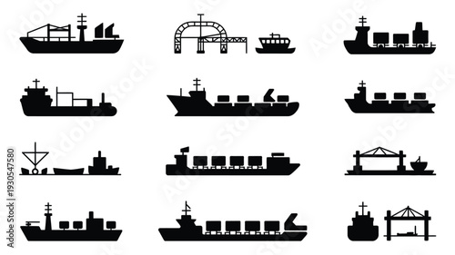 Maritime transportation and harbor silhouettes cargo ships cranes and docks on a white background industrial and logistic icons