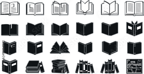 Open and closed book icons collection vector illustration featuring library, reading and education symbols in outline and solid black styles isolated set