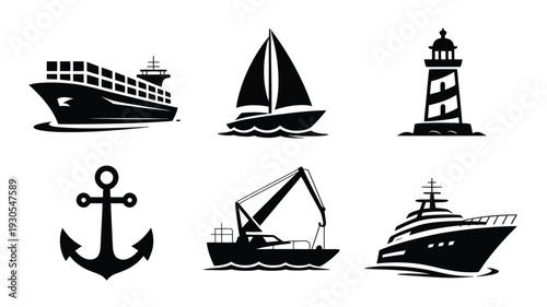 Nautical icons set including cargo ship sailboat lighthouse anchor fishing boat and luxury yacht on white background