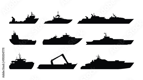 Silhouettes of various harbor equipment and vessels against a white background including ships boats and industrial crane boats