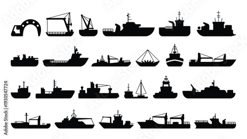Collection of maritime silhouettes various ships boats and equipment against a white background for shipping and logistics