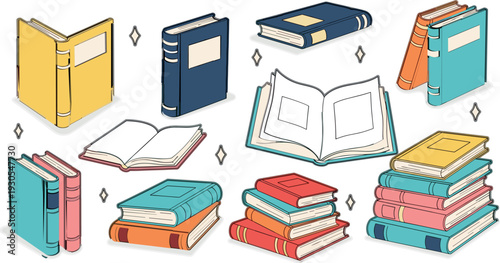 Colorful book collection vector illustration with open and closed textbooks, stacked novels and study materials in flat design isolated education set