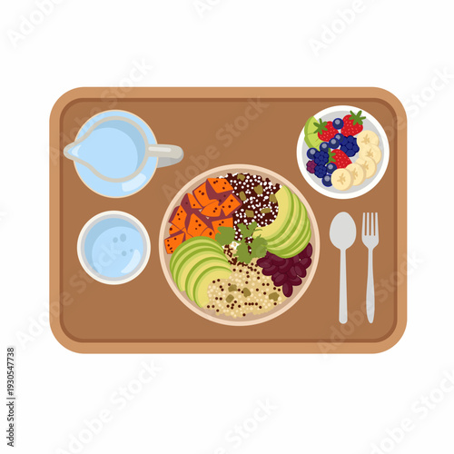 Healthy Breakfast Tray with Quinoa Bowl, Fruit Salad, and Water Flat Illustration