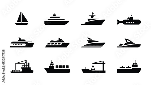Collection of black silhouette icons featuring various boats and ships including sailboats yachts cargo ships and submarines on a white background for graphic design