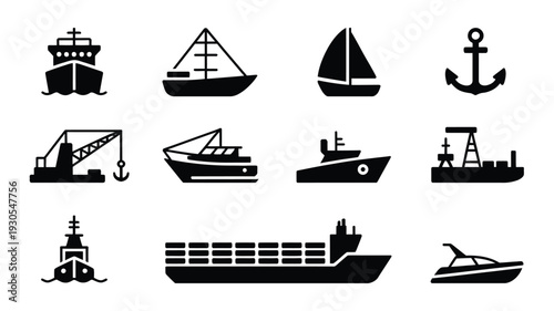 Set of 12 black marine silhouette icons featuring various ships and boats on a white background for design and navigation
