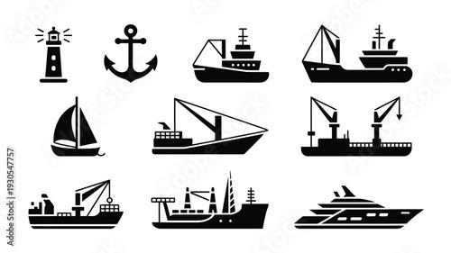Marine industry silhouette collection with various ships boats lighthouse and anchor on white background for nautical and shipping concepts
