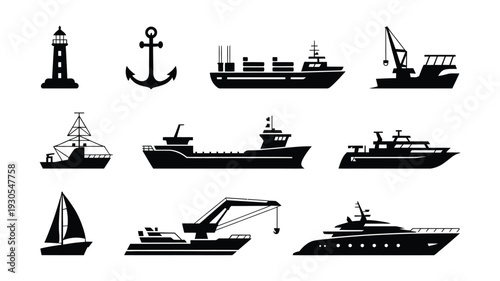 Marine industry silhouette collection with ships boats lighthouse and anchor on white background for design and decoration