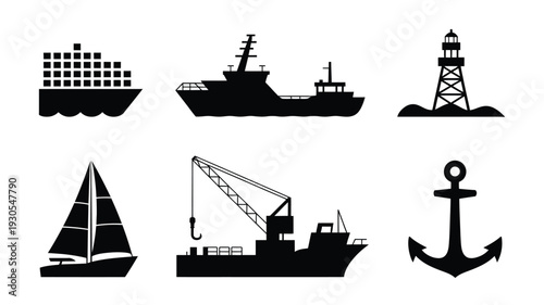 Set of maritime black silhouettes including cargo ship sailboat lighthouse anchor and construction vessel on white background