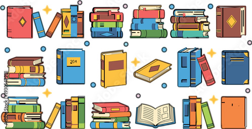 Colorful books collection vector illustration featuring stacked textbooks, novels and open books in flat design isolated education and reading concept set