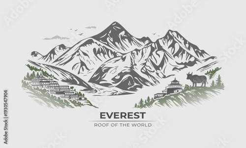 Everest Himalayan Skyline Vector with Sherpa Village and Monastery