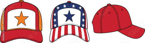 Baseball cap design set with star logo, USA flag pattern, and plain red hat for fashion branding and headwear vector illustration.