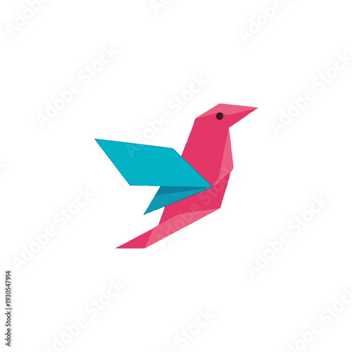Pink Origami Bird with Turquoise Wing.