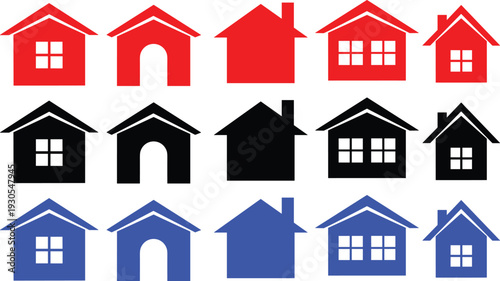 House silhouette icons collection featuring different residential building shapes for real estate marketing